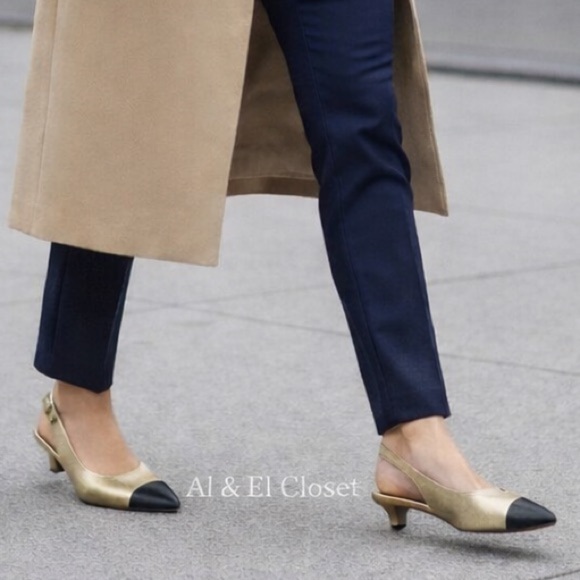 Naturalizer Shoes - Naturalizer Comfort Slingback Pumps Gold Black Cap Toe Low Heel Size 7W Wide NWB